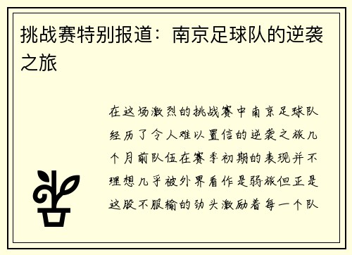 挑战赛特别报道：南京足球队的逆袭之旅