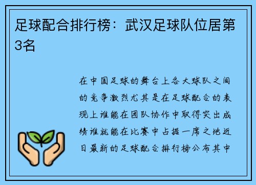 足球配合排行榜：武汉足球队位居第3名