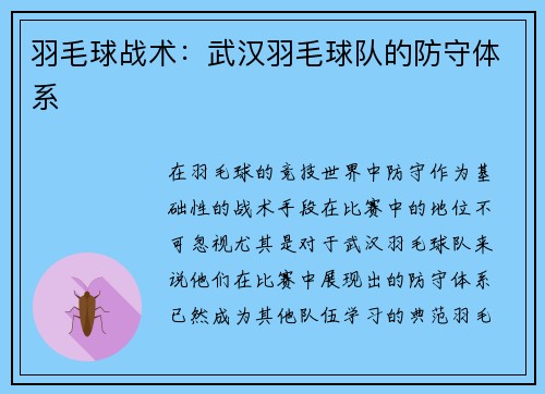 羽毛球战术：武汉羽毛球队的防守体系
