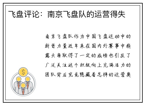 飞盘评论：南京飞盘队的运营得失